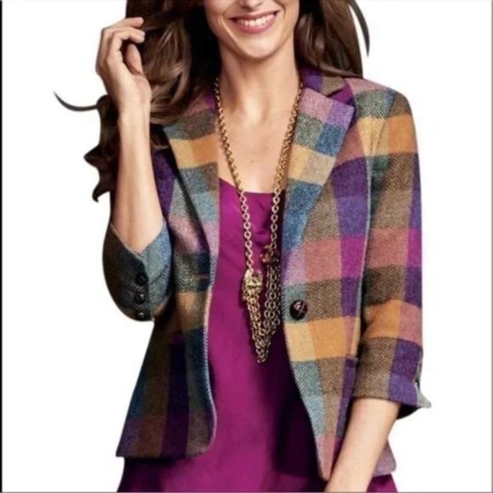 Cabi‎ Blazer Womens 8 Multicolor Plaid Herringbone Wool Blend 3/4 Sleeve Jacket